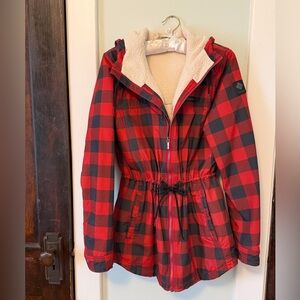 Columbia brand red and black plaid women’s winter jacket, size medium